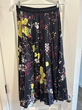 Modest Black Floral Pleated Midi Skirt with Yellow Accents